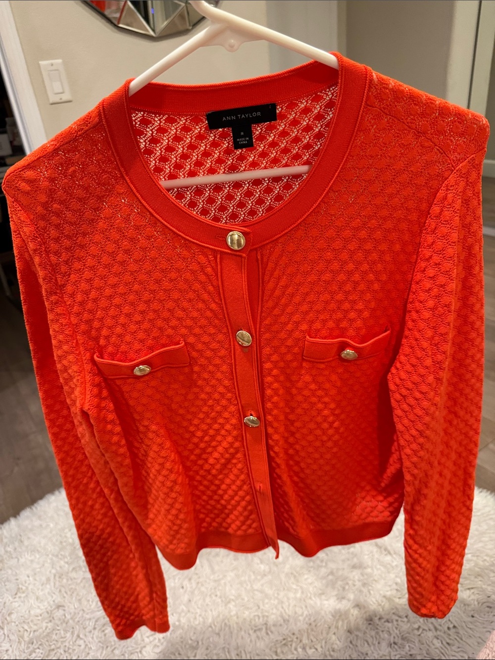 Ann Taylor Orange Textured Knit Cardigan with Gold Buttons